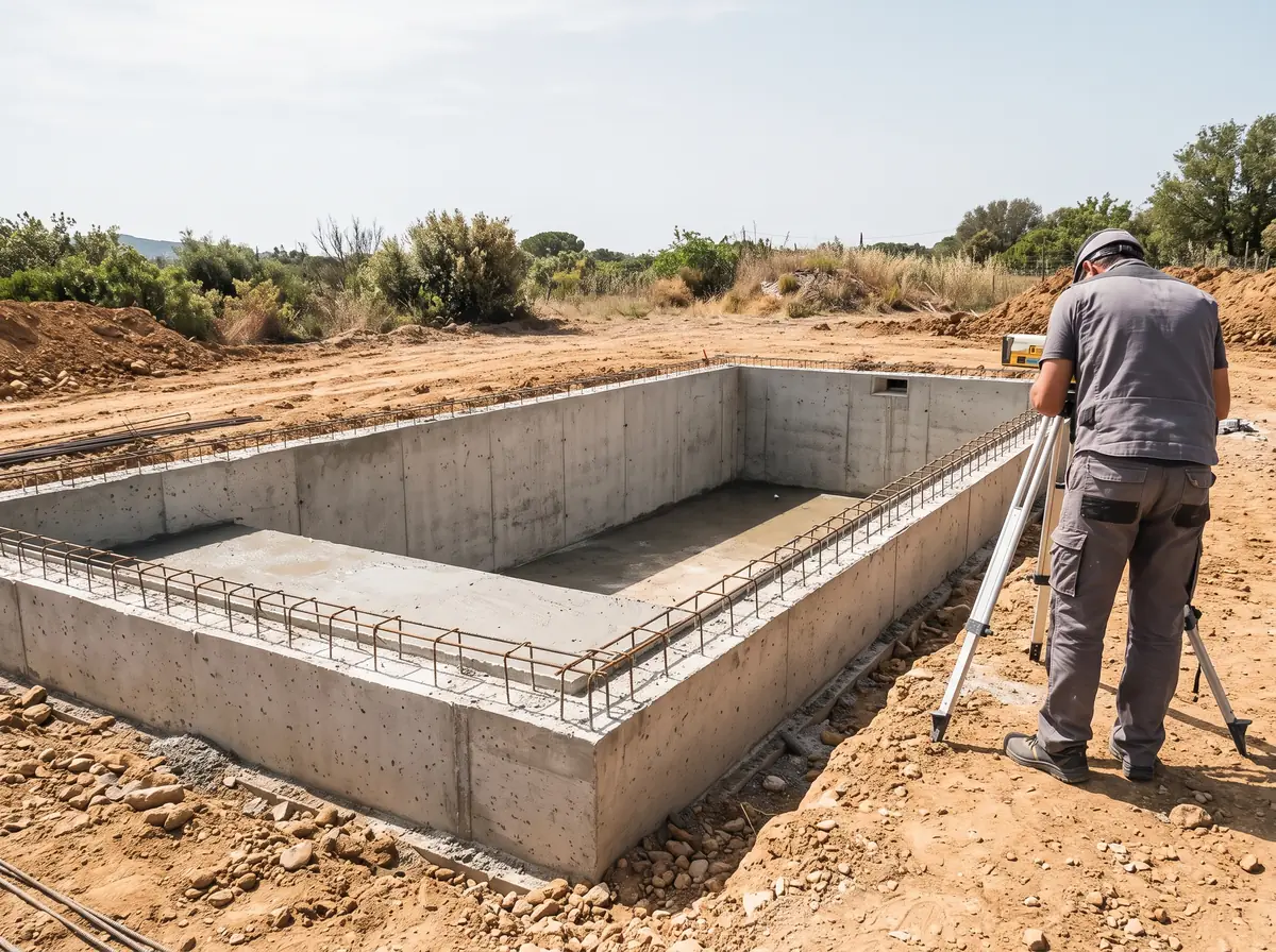 Chef de chantier vérifiant le niveau d'un bassin en construction