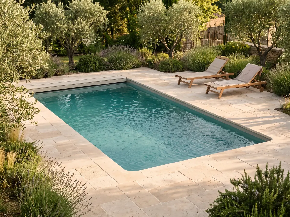 Piscine familiale avec plage en pierre de Vers et oliviers